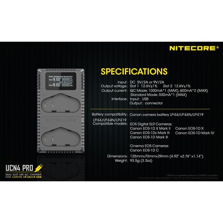 ΦΟΡΤΙΣΤΗΣ NITECORE UCN4 PRO για CANON LP-E4, LP-E4N, LP-E19