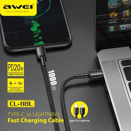 Καλώδιο φόρτισης & data - Type-C σε Lightning - CL-118L - 20W - AWEI - 887950