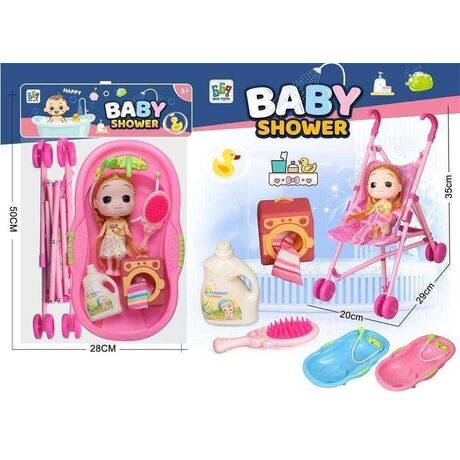 Κούκλα με σετ μπάνιου και καροτσάκι - 669-702B2 - 215563