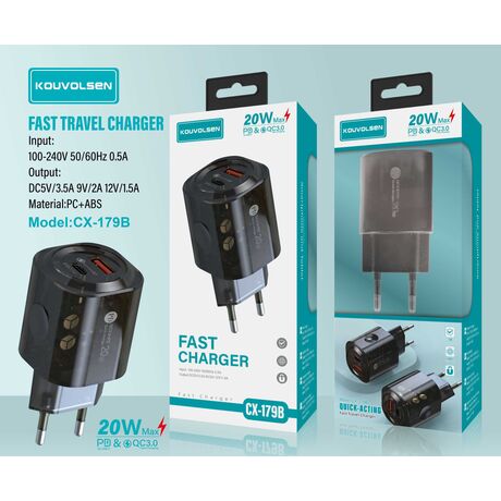 Αντάπτορας φόρτισης Fast Charge με 2 θύρες USB-A & Type-C - 20W - CX-179B - 271795